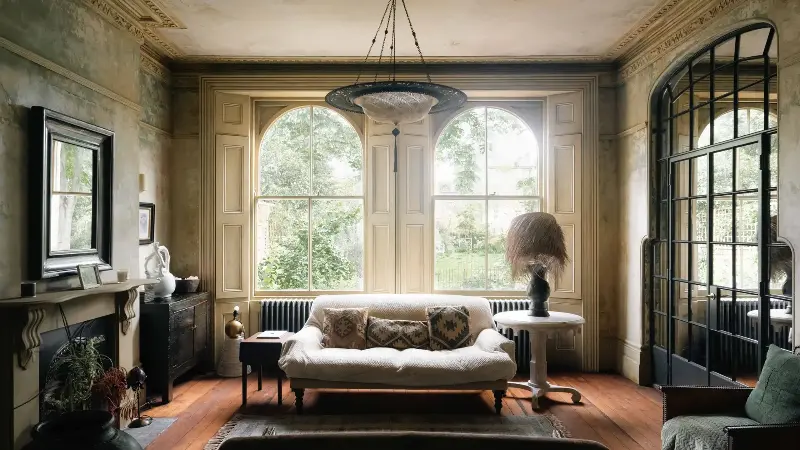 dramatic sitting room with crown molding, wooden floors, crittal doors and a furry lamp