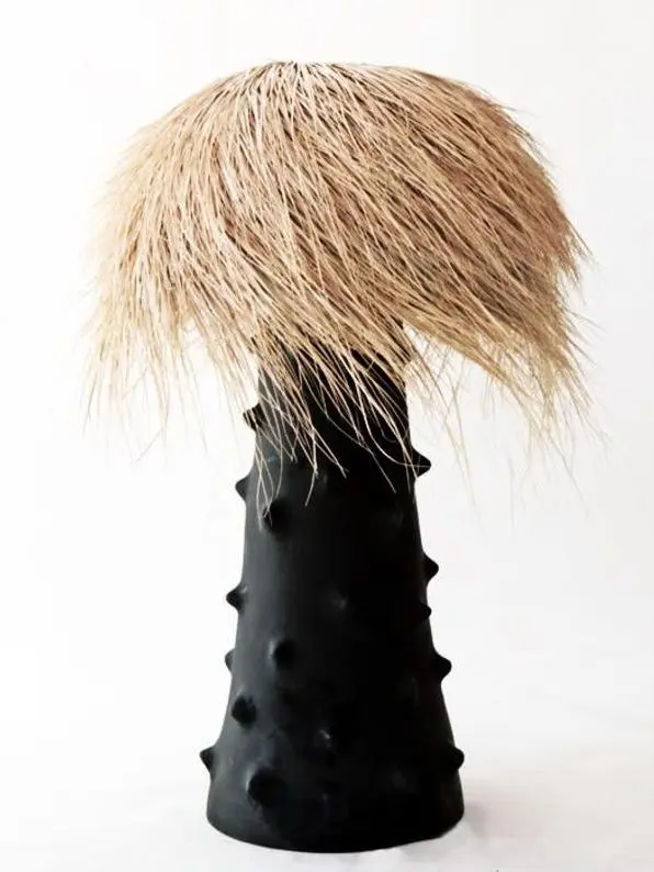 Superb Handcrafted Lamp Made With Black Clay Handmade in Morocco Palm Fiber Lamp Shade