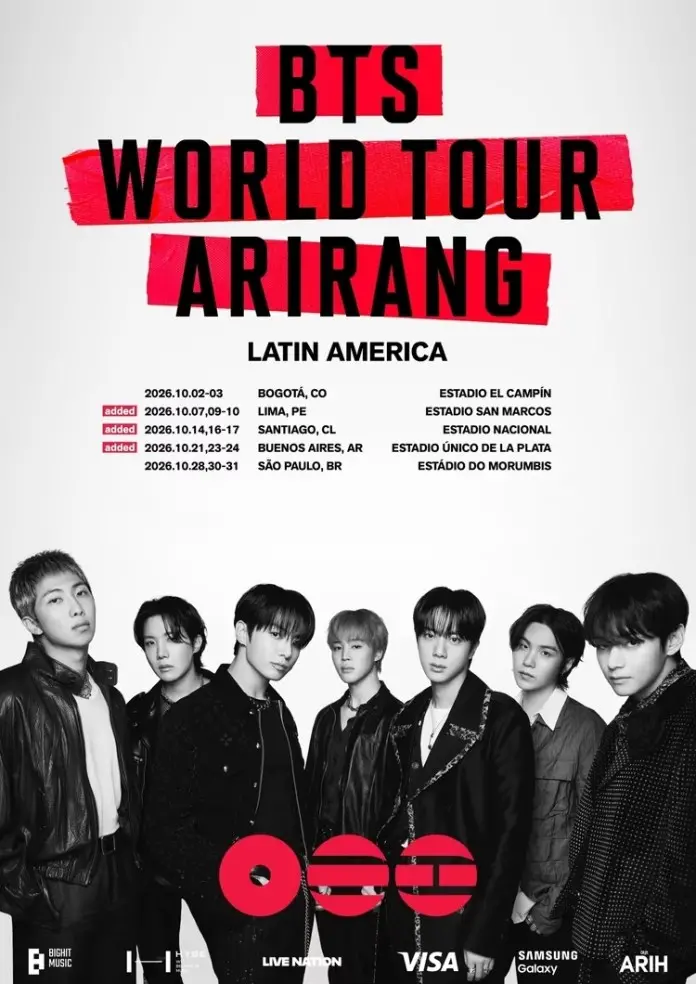 BTS World Tour Arirang poster featuring the tour dates in Latin America and an image of the group members.