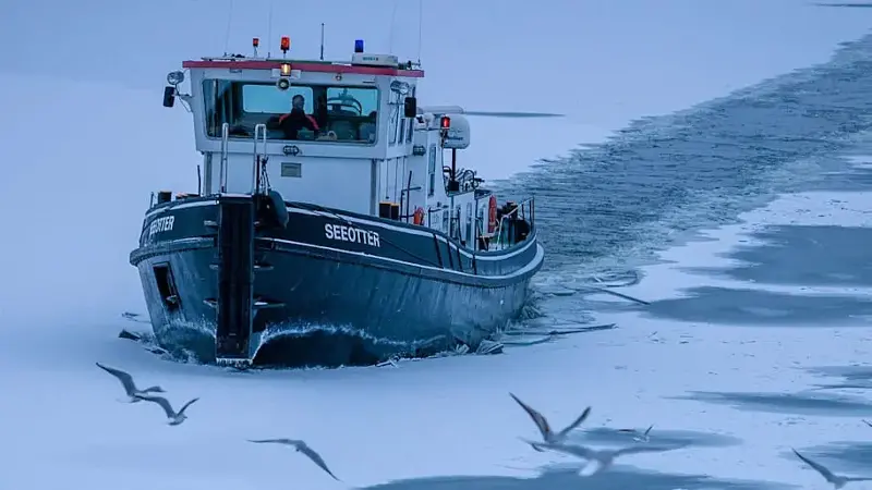 An icebreaker pushing through the icy waters in Germany