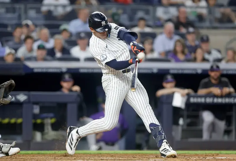NEW YORK, NEW YORK - SEPTEMBER 09: George Lombard Jr. #96 of the New York Yankees connects a grand slam against the Colorado Rockies in the third inning at Yankee Stadium on September 09, 2026 in New York City. (Photo by Jim McIsaac/Getty Images)