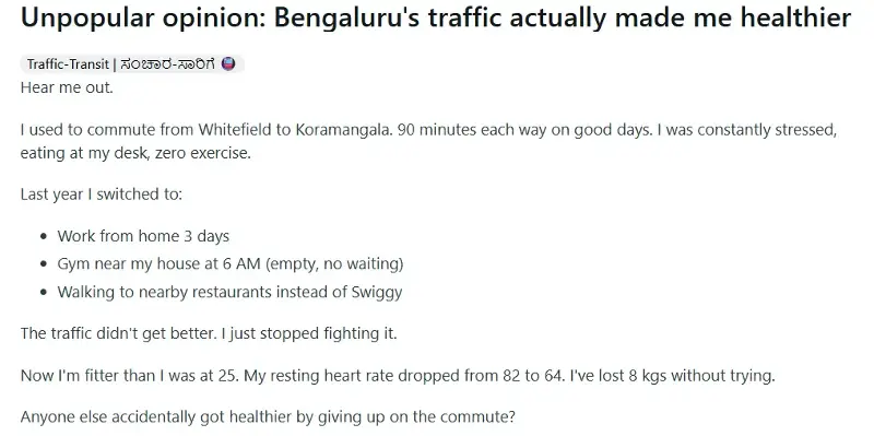 A post by a Reddit user on Bengaluru traffic. 