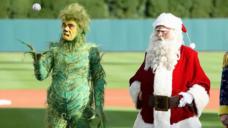 The Grinch and Santa celebrating Christmas in July at a 2015 Detroit Tigers vs. Seattle Mariners game.