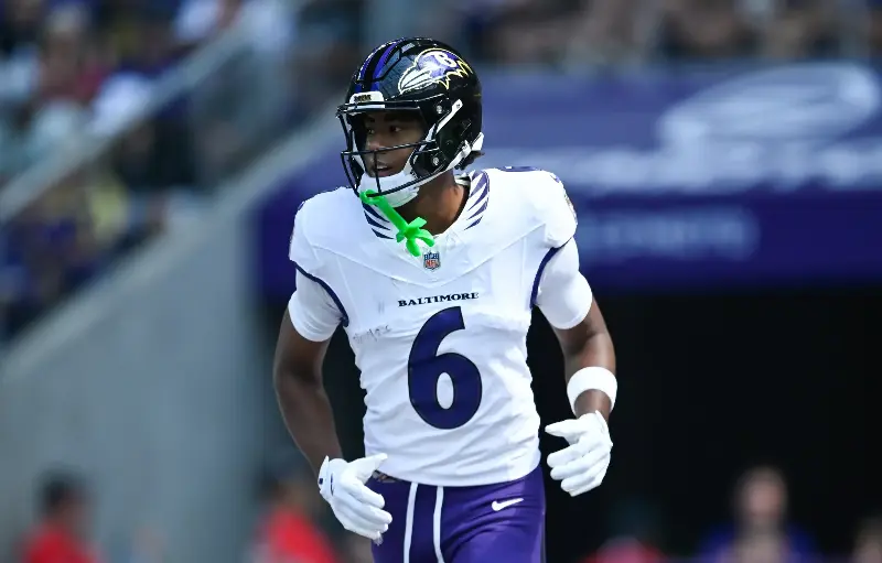 MINNEAPOLIS, MINNESOTA - AUGUST 22: Ja'kobi Lane #6 of the Baltimore Ravens lines up against the Minnesota Vikings during the first quarter of the preseason game at U.S. Bank Stadium on August 22, 2026 in Minneapolis, Minnesota. (Photo by Stephen Maturen/Getty Images)