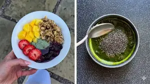 Chia pudding but make it gourmet: Try this matcha raspberry chia yoghurt bowl with homemade granola and blueberry jam