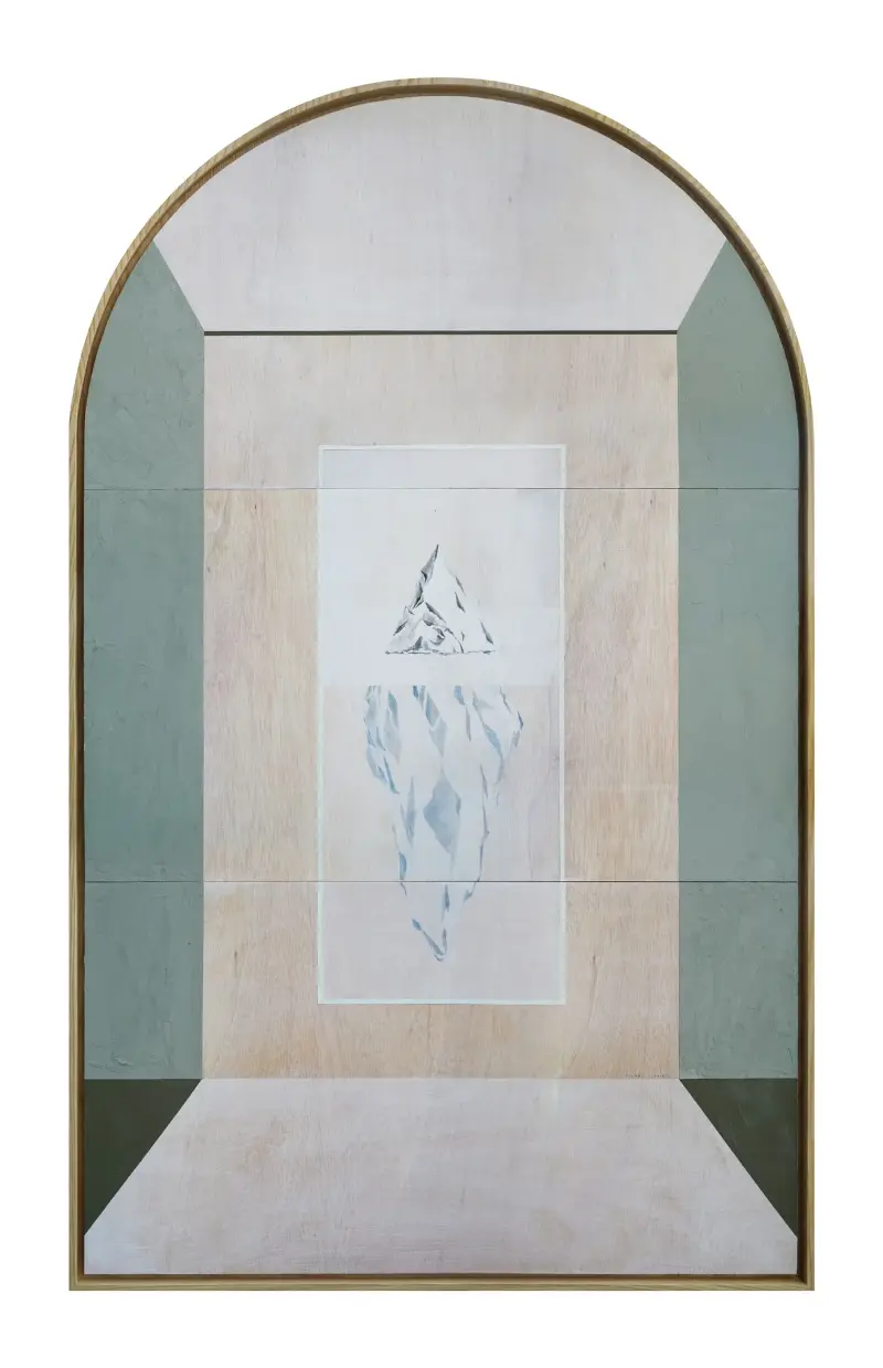 Kayleigh Goh's arched wooden panel A Turn with a pale iceberg drawn at its centre