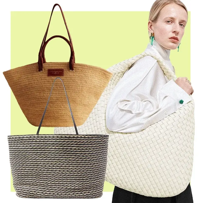 Justine Raffia bag, £320, Sezane; Hop Woven leather bag, £6,730, Bottega Veneta; Beau Leather and raffia tote bag, £2,230, The Row at Net-a-Porter