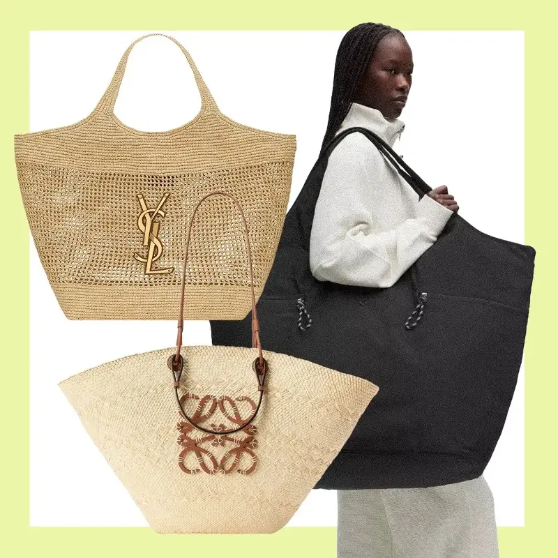 Icare Raffia bag, £4,120, Saint Laurent; Anagram Palm and leather bag, £950, Loewe; Big-Ass bag, £228, Lululemon