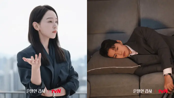 Shin Hye Sun in a stylish black blazer stands confidently, looking off into the distance with a hand gesturing thoughtfully.  Gong Myung laying down on a brown couch while dressed in a suit and looking sad. 