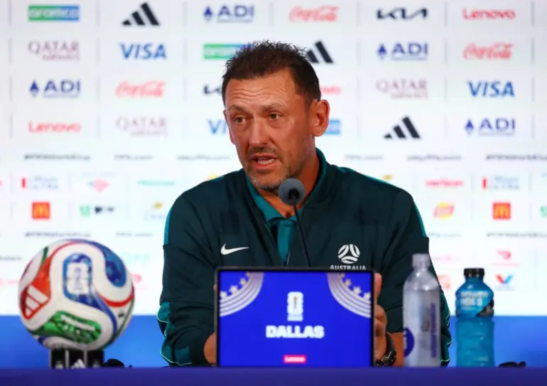 Soccer Football - FIFA World Cup 2026 - Australia Press Conference - Dallas Stadium, Arlington, Texas, U.S. - July 2, 2026 Australia coach Tony Popovic during the press conference REUTERS/Issei Kato