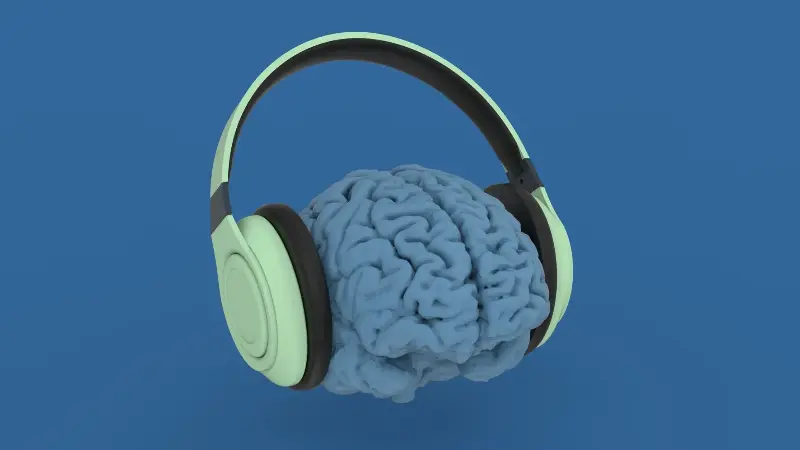 Human brain listens to yellow headphones isolated view on blue background 3d render image
