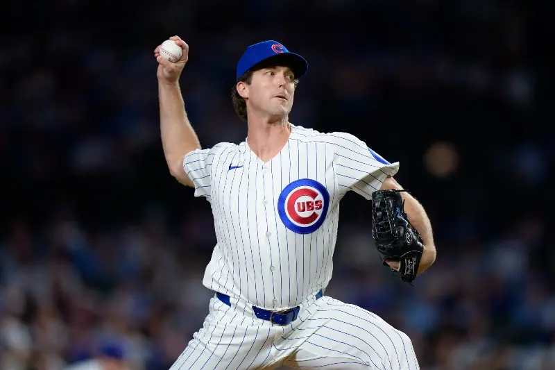 CHICAGO, ILLINOIS - AUGUST 3: Jake Woodford #40 of the Chicago Cubs pitches in a game against the Los Angeles Dodgers at Wrigley Field on August 3, 2026 in Chicago, Illinois. (Photo by Matt Dirksen/Chicago Cubs/Getty Images)