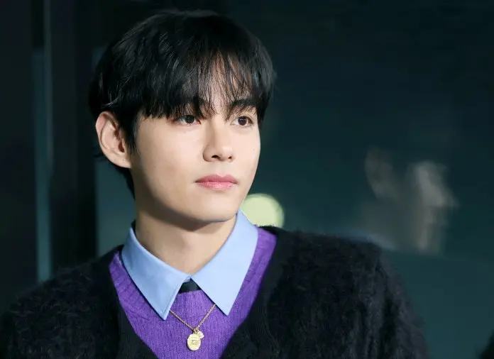 A close-up portrait of a young man with dark, wavy hair and a thoughtful expression, wearing a layered outfit with a black sweater over a purple top and a blue collared shirt. He also has a necklace with a pendant.