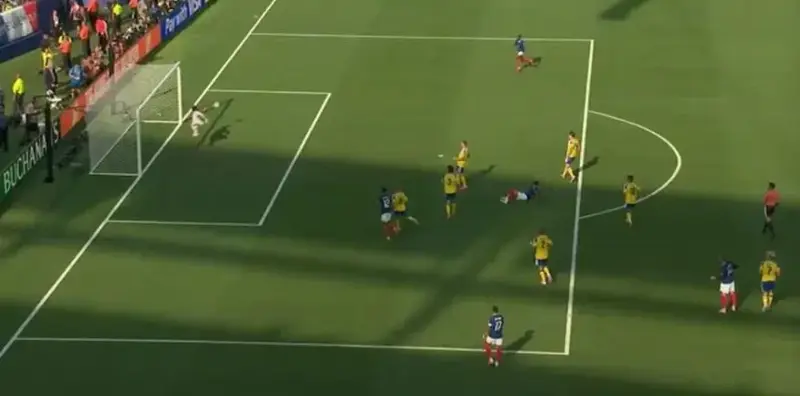 The ball hit the post after a superb finish from Michael Olise.