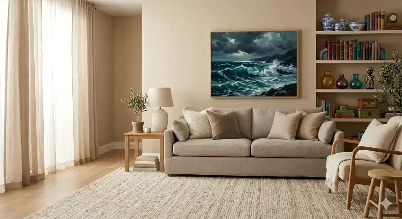 Ensure you choose sofa colour in the same colour family as the walls, along with full-height curtains. 