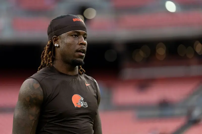 CLEVELAND, OHIO - OCTOBER 1: Jerry Jeudy #3 of the Cleveland Browns looks on against the Pittsburgh Steelers prior to an NFL football game at Huntington Bank Field on October 1, 2026 in Cleveland, Ohio. (Photo by Michael Owens/Getty Images)