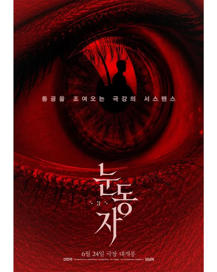 A close-up of a striking red eye with a silhouette of a person in the pupil, featuring Korean text for a suspenseful movie.