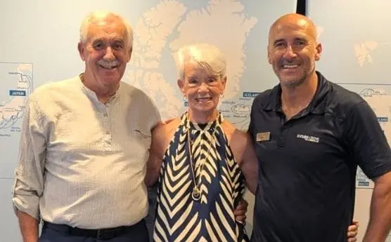 Ann Swann and her husband Grant with Dr Dean Allen, Explorations Ambassador aboard the Regatta