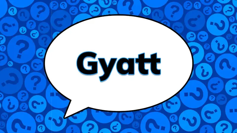 The phrase gyatt in a speech bubble on a blue question mark background