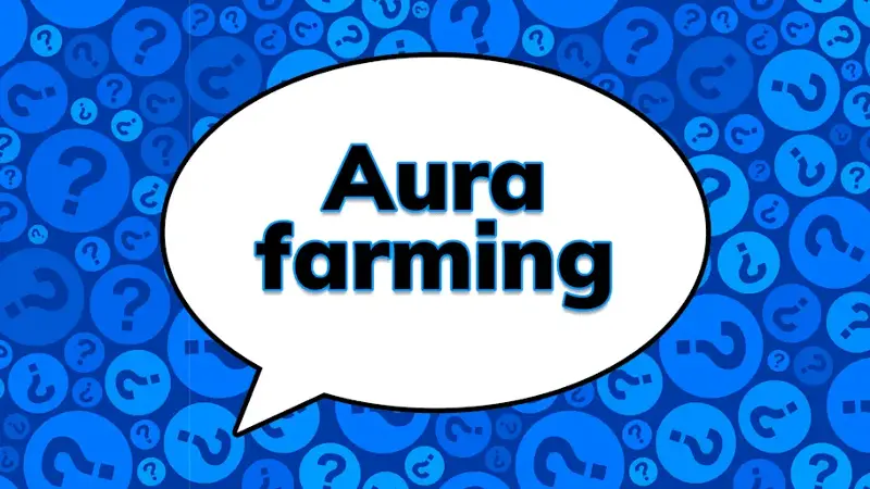 The phrase aura farming in a speech bubble on a blue question mark background