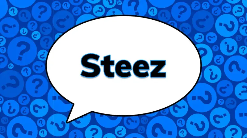 The phrase steez in a speech bubble on a blue question mark background