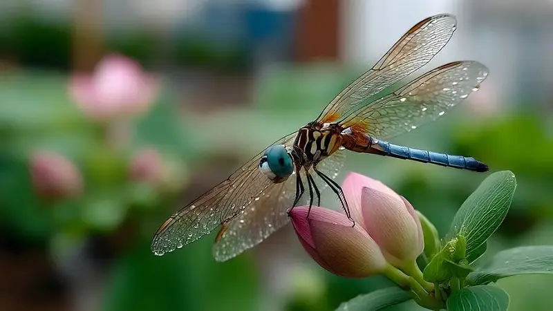 A dragonfly sitting atop a flower