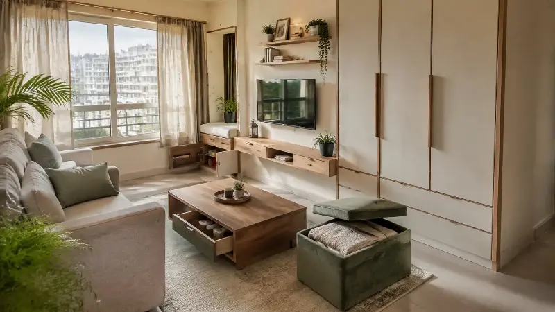 From built-in cabinets, vertical shelves to coffee table with hidden drawers and storage ottaman, you can maximise the space with the help of invisible storage. 