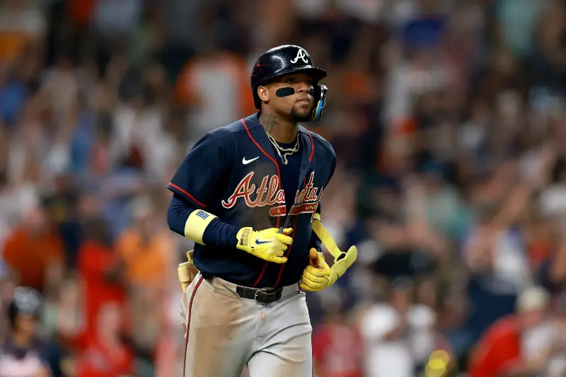 HOUSTON, TEXAS - SEPTEMBER 19: Ronald Acuña Jr. #13 of the Atlanta Braves runs the bases after hitting a Grand Slam during the seventh inning of the game against the Houston Astros at Daikin Park on September 19, 2026 in Houston, Texas. (Photo by Kenneth Richmond/Getty Images)