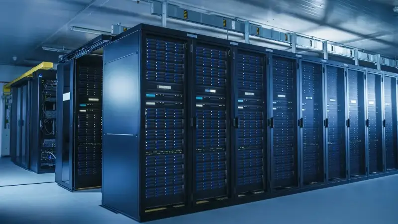 A stock shot of a data center with multiple rows of operational server racks.