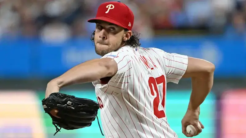 Nola throws a pitch during the fourth inning against the New York Mets at Citizens Bank Park. 