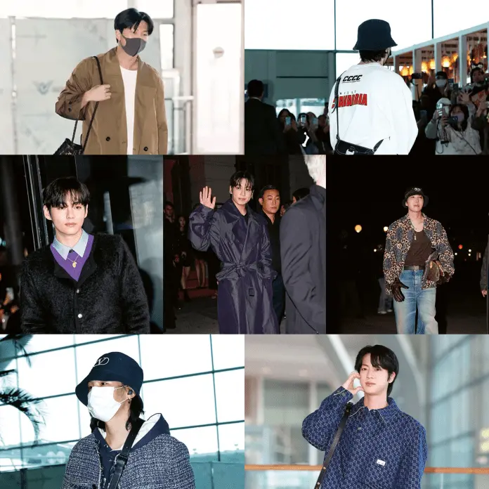 Top left RM wearing a mask and a brown coat carrying a bag, walking through an entrance. Top right Jimin is wearing a black hat and white shirt and is facing fans. Left center V is posing for press in a black sweater. Center Jungkook is waving at the public. Center right J-hope wearing a brown top and a hat is walking. Bottom left  SUGA is wearing a mask and a cap and is walking in the airport. Bottom right Jin is wearing a blue outfit and is posing for press making a cheek heart.