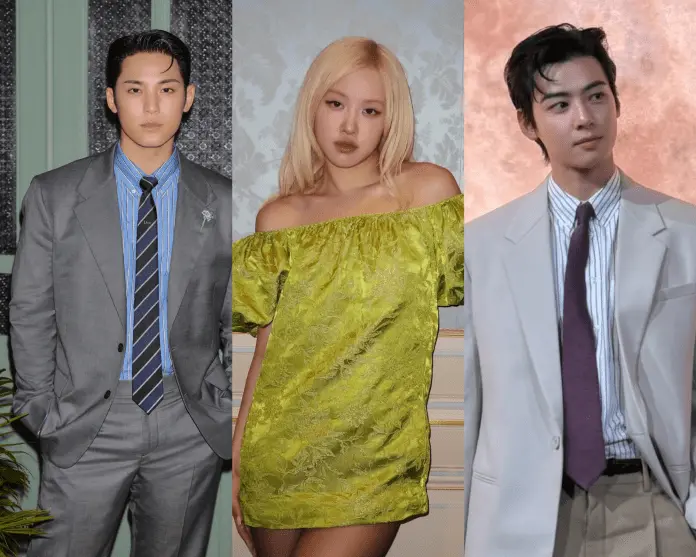 Mingyu in a gray suit with a blue striped shirt and black tie stands on the left.  Rosé wearing a stylish green dress is standing in the center. Cha Eun-woo wearing a grey suit and red tie is standing on the right. 
