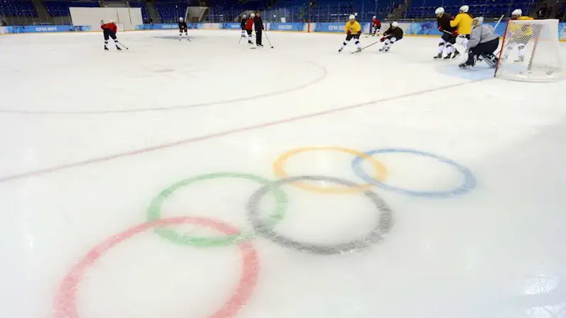 A general view of the Olympic rings during USA men's ice hockey practice in preparation for the 2014 Sochi Winter Games