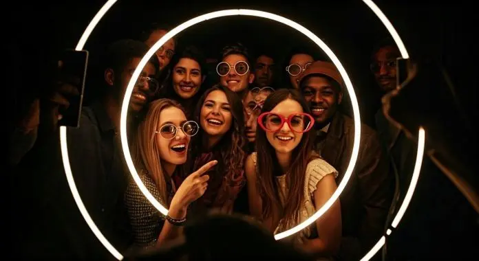 A group of diverse friends posing for a selfie inside a circular light frame, all wearing fun glasses and smiling.
