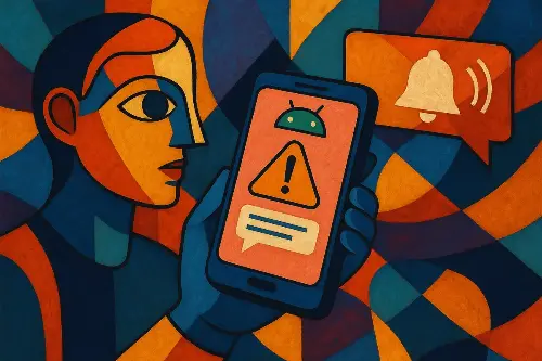 Ilustración abstracta de un humanoide con un smartphone Android mostrando una alerta de notificación sospechosa