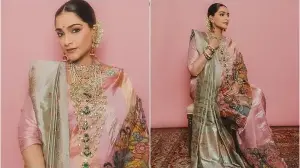 Sonam Kapoor flaunts her baby bump like a queen in dreamy pink Kalamkari saree paired with classic pistachio Baluchari