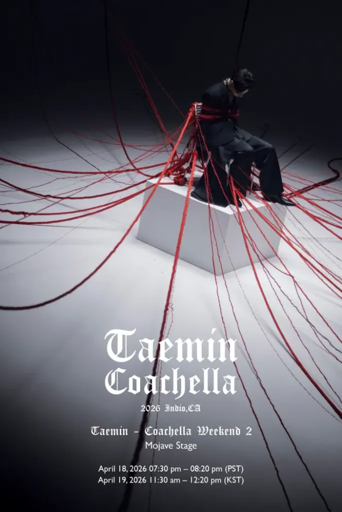 Taemin is seated on a pedestal, restrained with red ribbons in a dark, minimalist setting. The image promotes Taemin's performance at Coachella 2026, listing dates and times.
