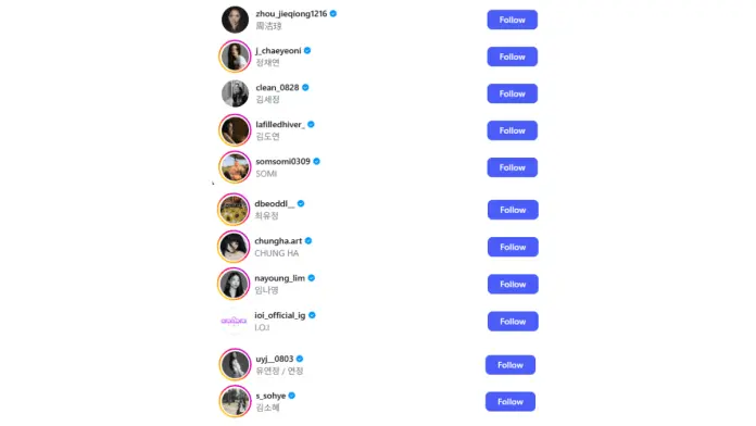 Capture of the following list and members from I.O.I official Instagram