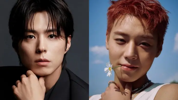 A portrait of Park Bo-gum and Park Ji-hoon side by side. On the left, Park Bo-gum with long, dark hair wearing a black suit, looking directly at the camera. On the right, Park Ji-hoon with short, reddish-brown hair, smiling while holding a daisy in his mouth, against a blue sky.