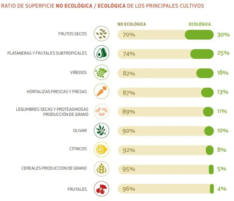 Proporción en España de alimentos no ecológicos y ecológicos