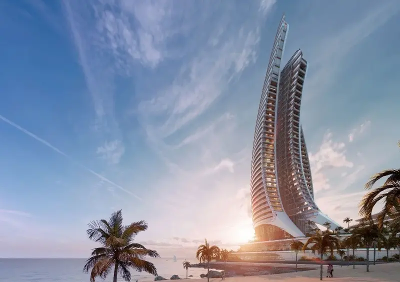 Perspective view of the Aspira Tower with its curved design in Phu Quoc.