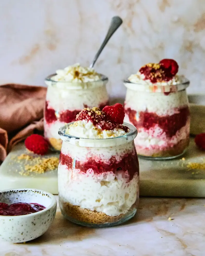 Sushi rice gets a sweet makeover with raspberries, cream cheese and biscuit crumb (The Rice Association)