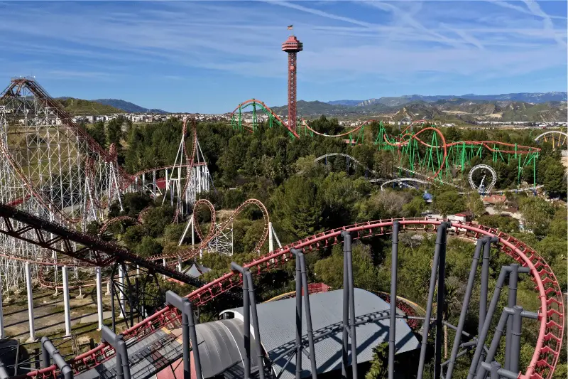 An aerial view of roller coasters at Six Flags Magic Mountain on March 06, 2026 in Valencia, California.