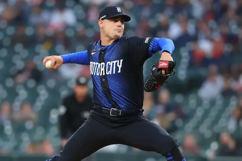DETROIT, MICHIGAN - SEPTEMBER 21: River Ryan #77 of the Detroit Tigers throws a first-inning pitch against the Washington Nationals at Comerica Park on September 21, 2026 in Detroit, Michigan. (Photo by Gregory Shamus/Getty Images)