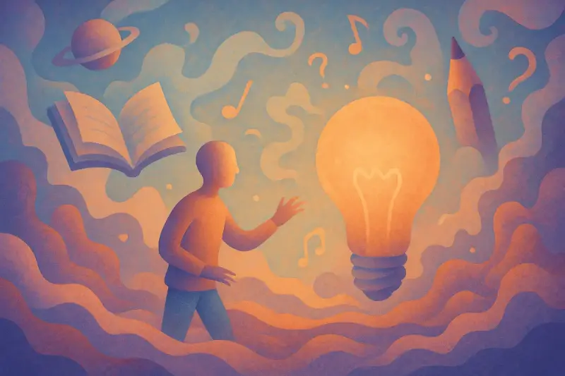 Ilustración surrealista de un estudiante con símbolos de aprendizaje e inteligencia artificial