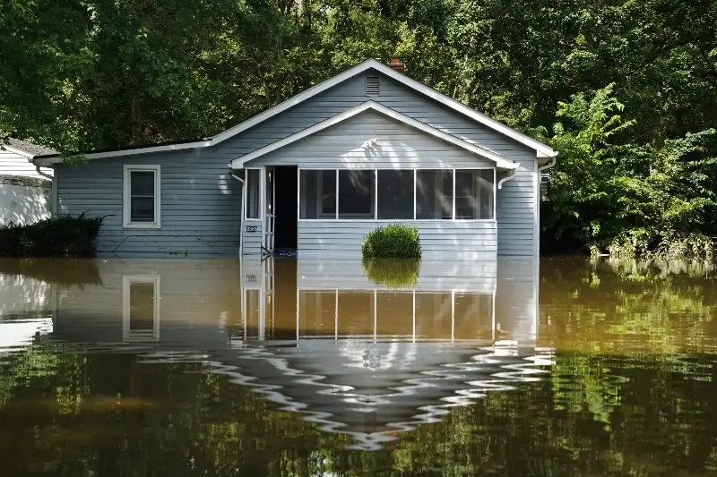 A flooded home is seen in Indianapolis, Sunday, Aug. 16, 2026.