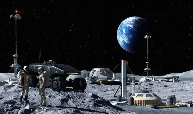 An illustration of a future lunar base, with research stations and vehicles.