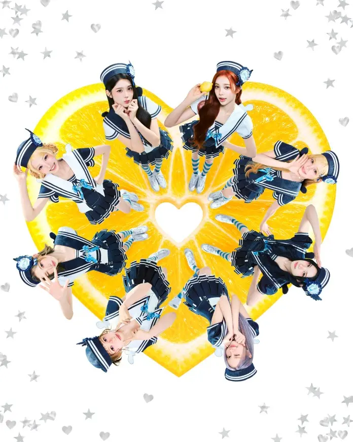 Hearts2Hearts members in sailor-themed outfits posing around a heart-shaped lemon slice, with a light background adorned with stars and hearts.
