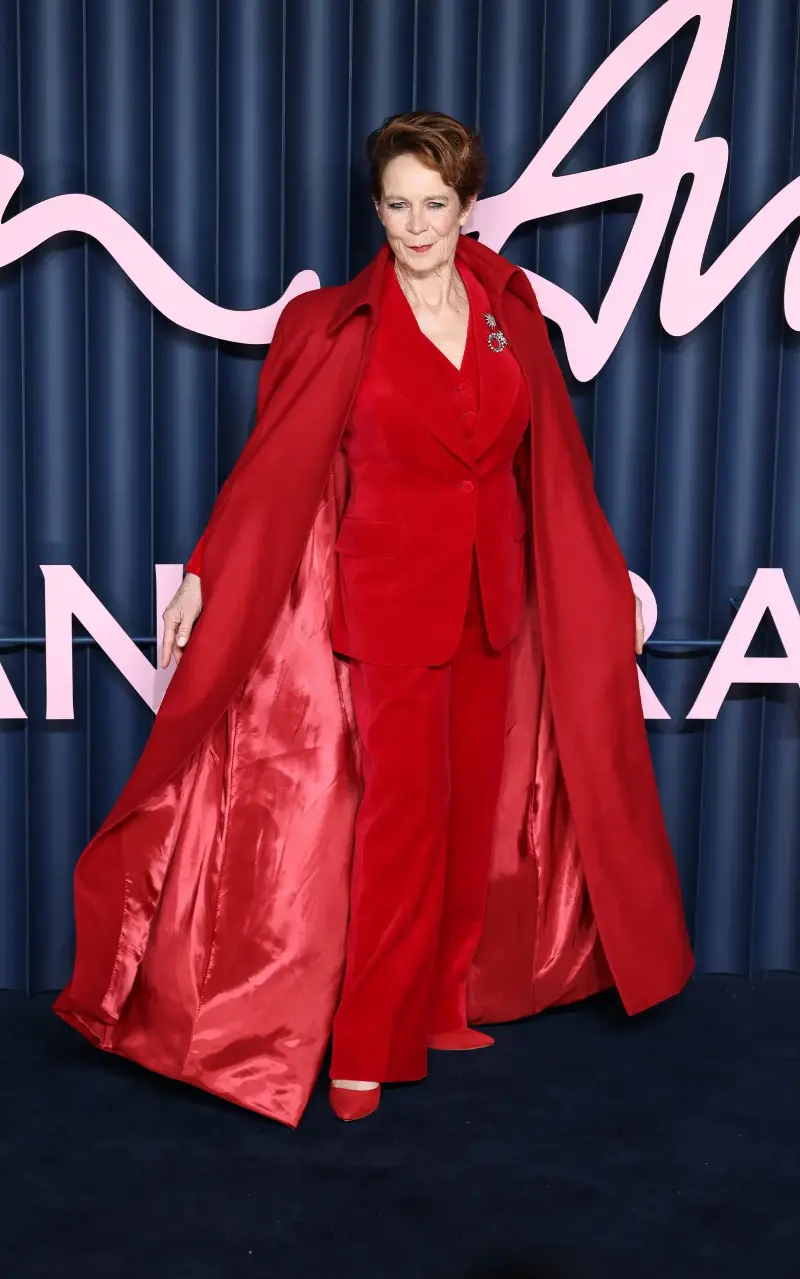 Celia Imrie wore a bespoke Gieves & Hawkes red velvet suit for the 2025 Fashion Awards - Stephane Cardinale/Corbis