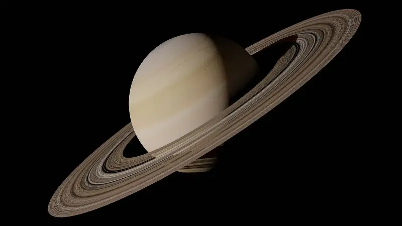 Digital rendering of Saturn and its rings against a black background